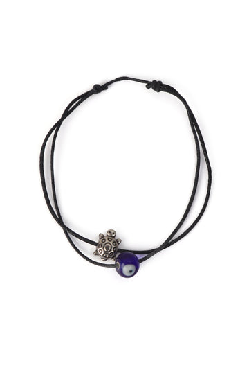 Adjustable Black Thread Anklet with German Silver Evil Eye & Silver-Plated Tortoise Charm